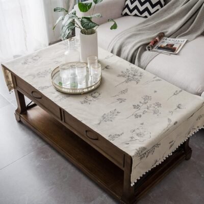 Coffee Table Cloth Rustic Style Living Room Center End Table Cover with Pocket, Cotton Linen Tablecloth (Grey Wildflower,23.6×63 Inch)