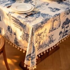 Alternative view of Cotton-Linen Blend Tablecloth with Blue & White Print and Handmade Tassels