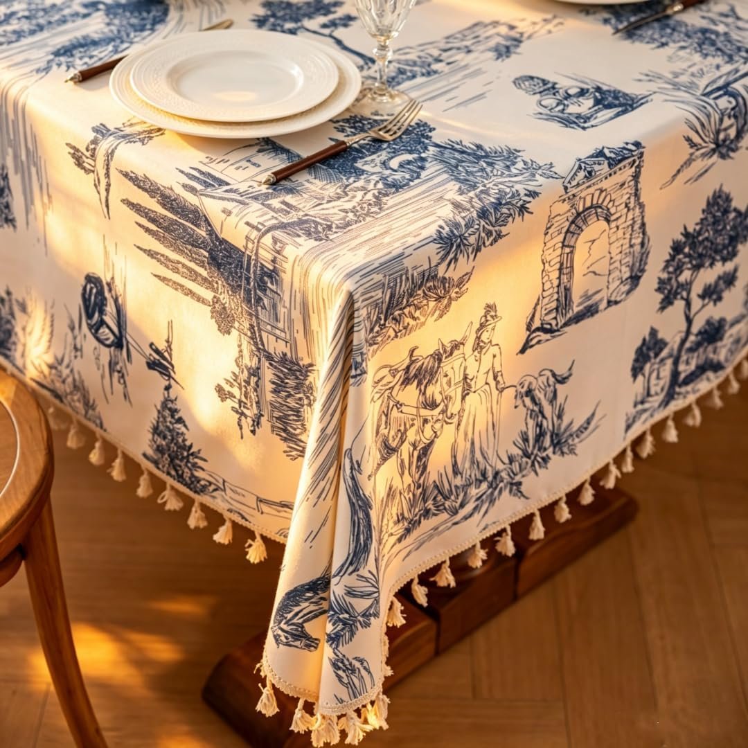 Cotton-Linen Blend Tablecloth with Blue & White Print and Handmade Tassels - Image 2