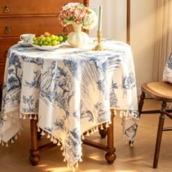 Cotton-Linen Blend Tablecloth with Blue & White Print and Handmade Tassels