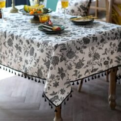 Alternative view of Bohemian Cotton-Linen Tablecloth with Floral Print, Tassels, and Lace