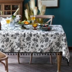 Bohemian Cotton-Linen Tablecloth with Floral Print, Tassels, and Lace