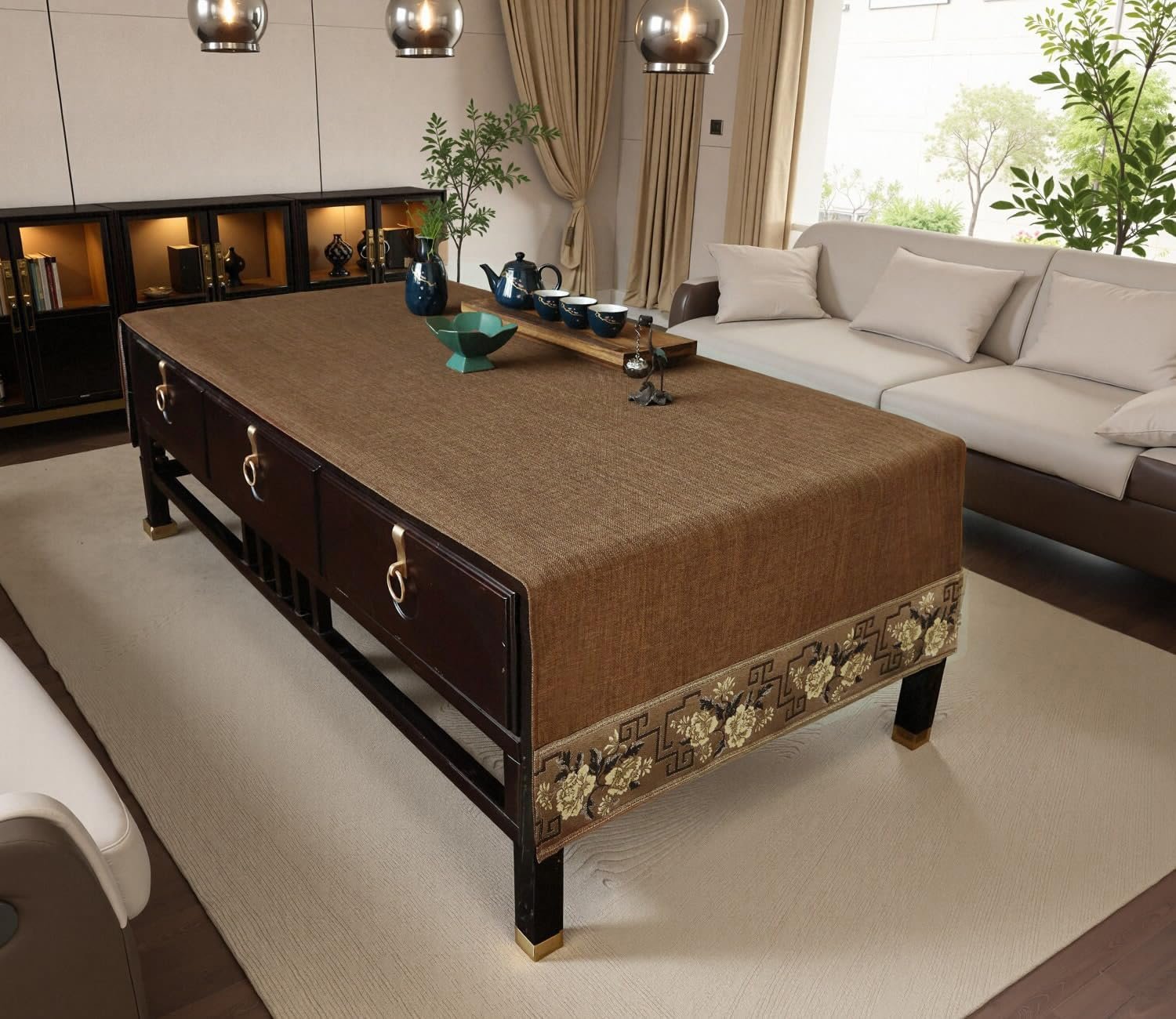 Traditional Feature Coffee Table Cover Rectangle with Embroidered Flowers.Coffee Table Cloth and Tea Table Runner for Living Room,Machine Washable and Dryable(Brown,57" L x 19.7" W)