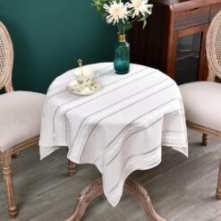 Alternative view of Rustic Farmhouse Embroidered Small Square Tablecloth Jacquard Striped Table Cloth Linen Washable Side Table Cover Kitchen Dining Home Decoration 36x36 inch