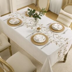 Alternative view of Wrinkle-Resistant Cotton-Linen Tablecloth with Floral Embroidery & Tassels