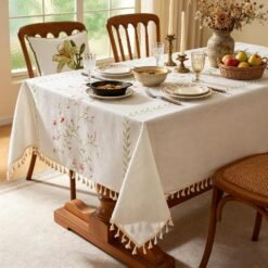 Alternative view of Waterproof & Wrinkle-Resistant Cotton-Linen Tablecloth with Floral Embroidery & Tassels