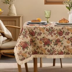 Vintage-Style Tablecloth with Floral Embroidery & Tassels