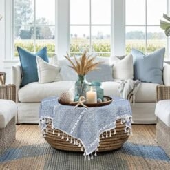Small Blue Square Tablecloth 36''x36'', Fall Dusty Blue and White Linen Coffee Table Cover, Boho Nightstand Cover Top for Bedroom, End Table Cloth Runner, Coastal Rustic Farmhouse Christmas Home Decor