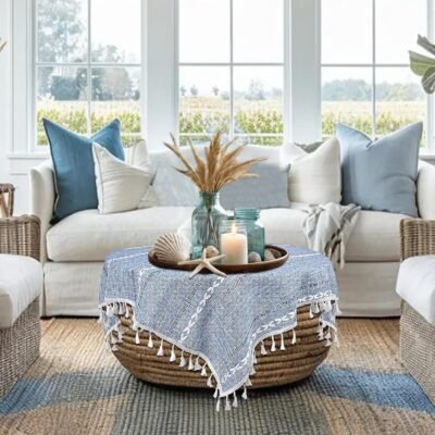 Small Blue Square Tablecloth 36''x36'', Fall Dusty Blue and White Linen Coffee Table Cover, Boho Nightstand Cover Top for Bedroom, End Table Cloth Runner, Coastal Rustic Farmhouse Christmas Home Decor