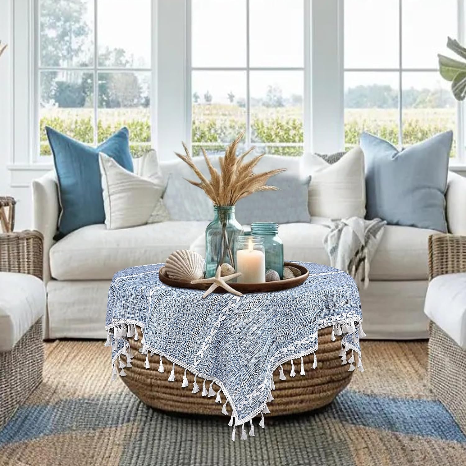 Small Blue Square Tablecloth 36''x36'', Fall Dusty Blue and White Linen Coffee Table Cover, Boho Nightstand Cover Top for Bedroom, End Table Cloth Runner, Coastal Rustic Farmhouse Christmas Home Decor