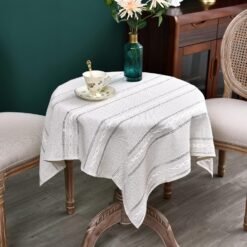 Rustic Farmhouse Embroidered Small Square Tablecloth Jacquard Striped Table Cloth Linen Washable Side Table Cover Kitchen Dining Home Decoration 36x36 inch