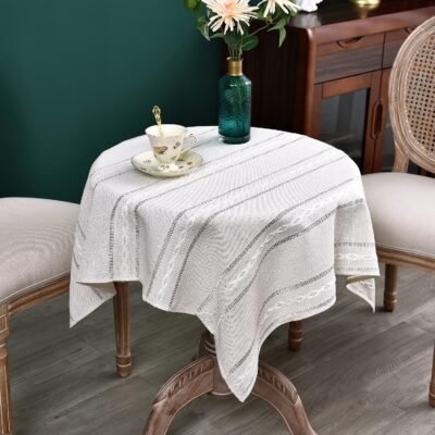 Rustic Farmhouse Embroidered Small Square Tablecloth Jacquard Striped Table Cloth Linen Washable Side Table Cover Kitchen Dining Home Decoration 36x36 inch
