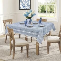 Alternative view of Small Blue Square Tablecloth 36''x36'', Fall Dusty Blue and White Linen Coffee Table Cover, Boho Nightstand Cover Top for Bedroom, End Table Cloth Runner, Coastal Rustic Farmhouse Christmas Home Decor
