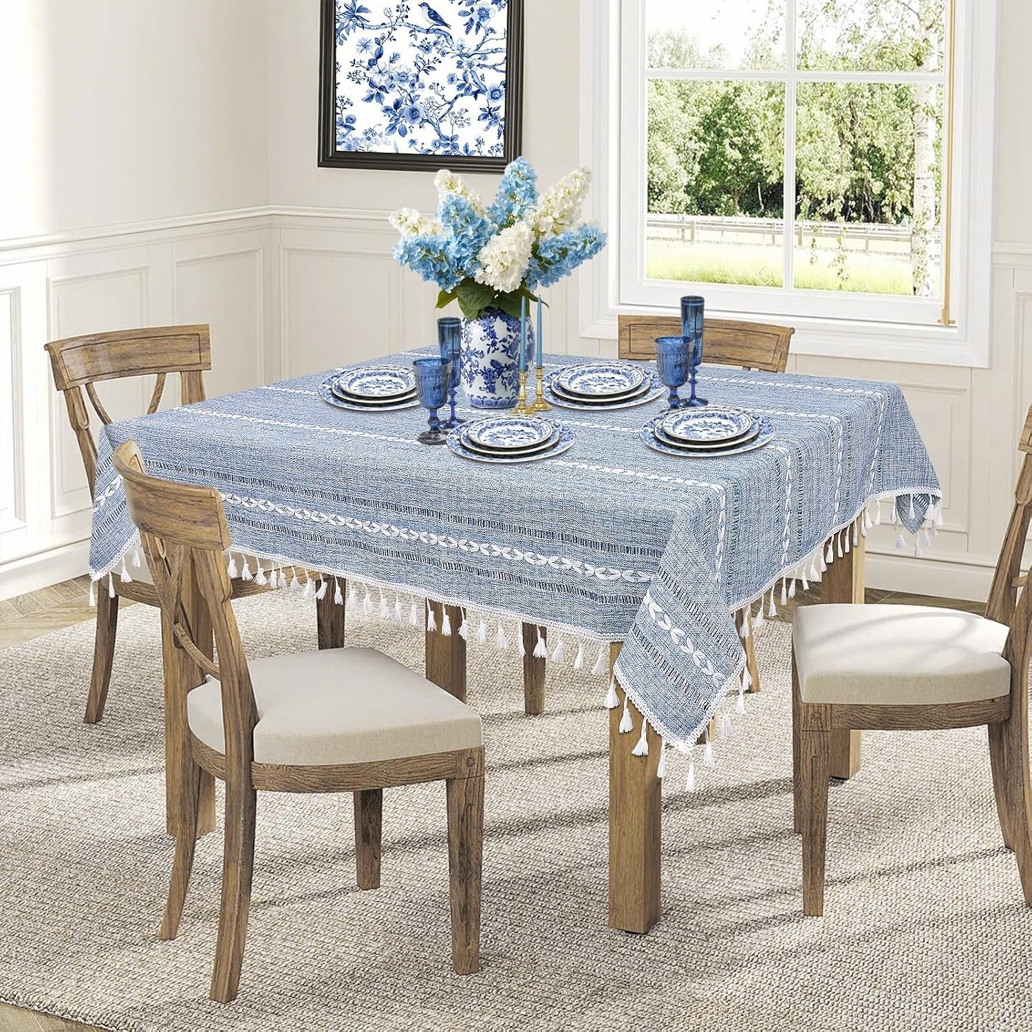 Small Blue Square Tablecloth 36''x36'', Fall Dusty Blue and White Linen Coffee Table Cover, Boho Nightstand Cover Top for Bedroom, End Table Cloth Runner, Coastal Rustic Farmhouse Christmas Home Decor - Image 2