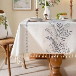 Waterproof & Wrinkle-Resistant Cotton-Linen Tablecloth with Floral Embroidery & Tassels