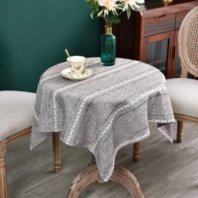 Rustic Farmhouse Embroidered Small Square Tablecloth Jacquard Striped Table Cloth Linen Washable Fabric Side Table Cover Kitchen Dining Home Decoration (Coffee, 36x36 inch)